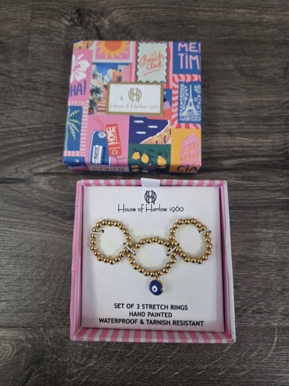 House of Harlow 1960 Gold Beaded Stretch Rings with Blue Evil Eye Charm Set Of 3